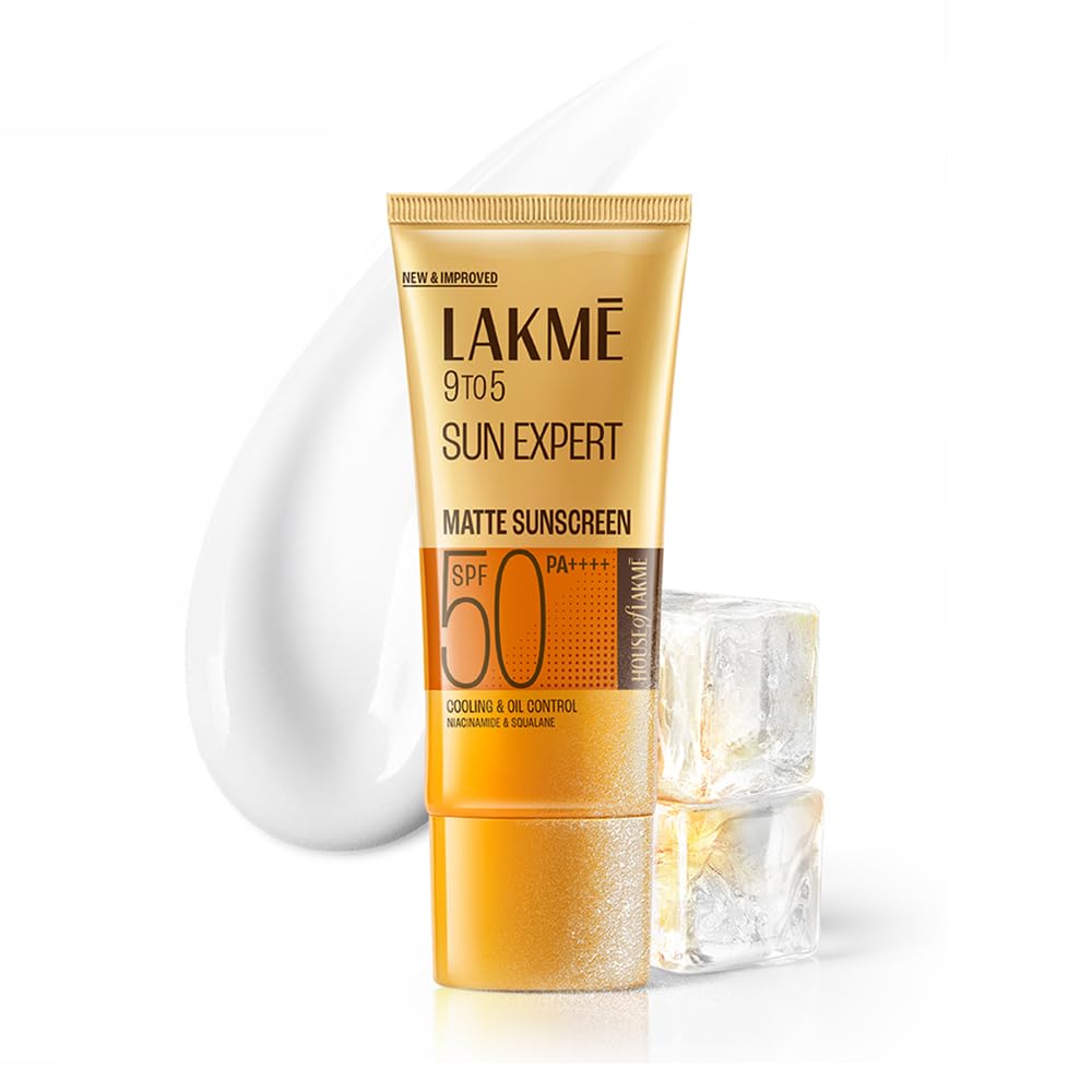 Lakme 9 to 5 Sun Expert sunscreen tube with a glass of water on a white background