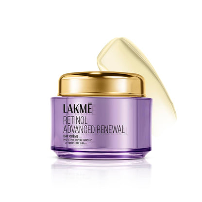 Lakme Retinol Advanced Renewal Day Crème jar with gold lid on a white background