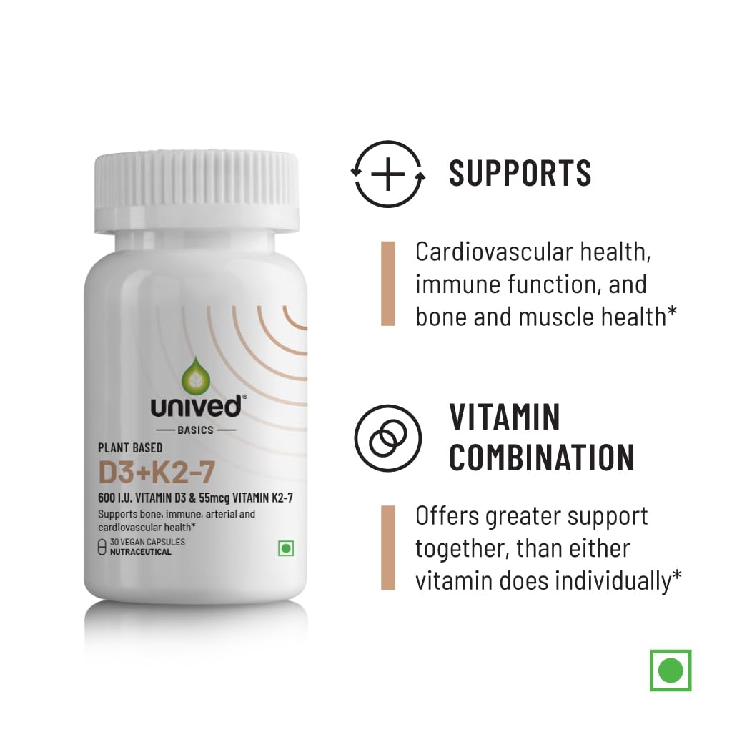 Zephivo Unived Basics D3+K2 (MK-7) | Vegan Vitamin D3 600 IU & Vitamin K2-7 (MenaquinGold) 55mcg | Immunity, Heart, Muscle, & Bone Health | Plant-Based & Natural | 30 Vegan Capsules
