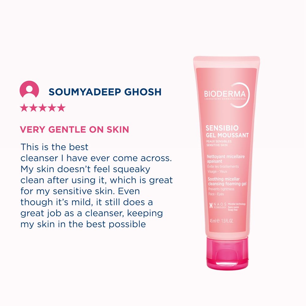 Bioderma Sensibio gel with a review by Soumyadeep Ghosh on a white background