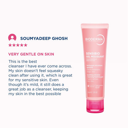 Bioderma Sensibio gel with a review by Soumyadeep Ghosh on a white background