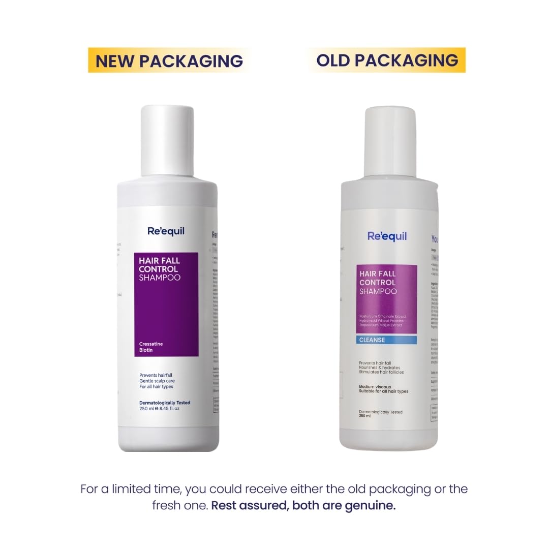 Two bottles of Reequil Hair Fall Control Shampoo, one with new packaging and one with old packaging, on a white background.