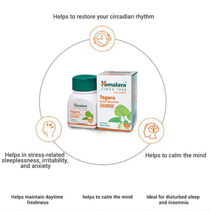 Himalaya Tagara Valerian supplement packaging with product description on a white background