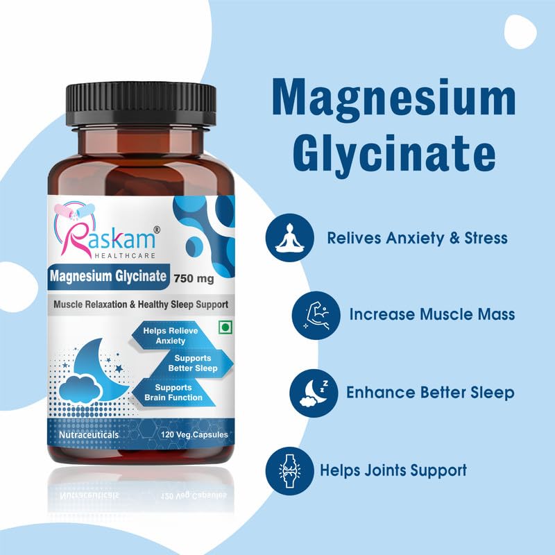 Bottle of Raskam Magnesium Glycinate supplement with product details on a blue background