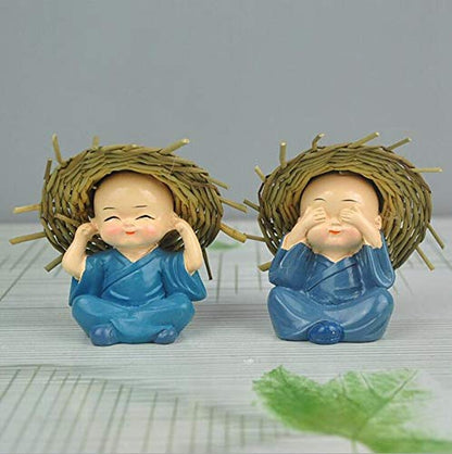 TIED RIBBONS Set of 4 Buddha Monk Statue Figurines Showpiece for Home Decoration Car Dashboard Living Room Bedroom Table Wall Decorative Gift Items (Miniature, Multi)