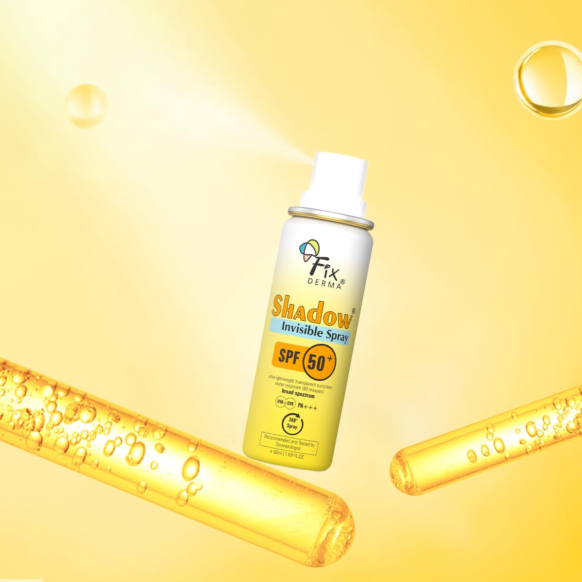 Fixderma Shadow SPF 50+ PA+++ Invisible Spray | Ultra Lightweight Transparent Sunscreen | Water Resistant Broad Spectrum UVA&UVB Sunscreen water resistant, spray for body 50ml (Pack of 1)
