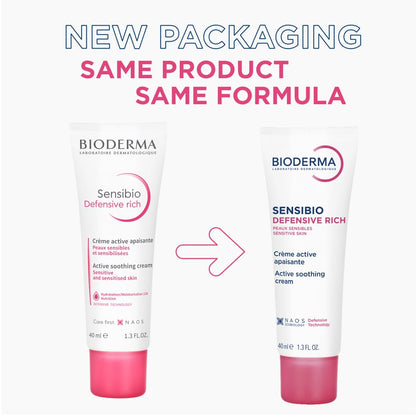 Two Bioderma Sensibio Defensive Rich cream bottles with text indicating new packaging and same product.