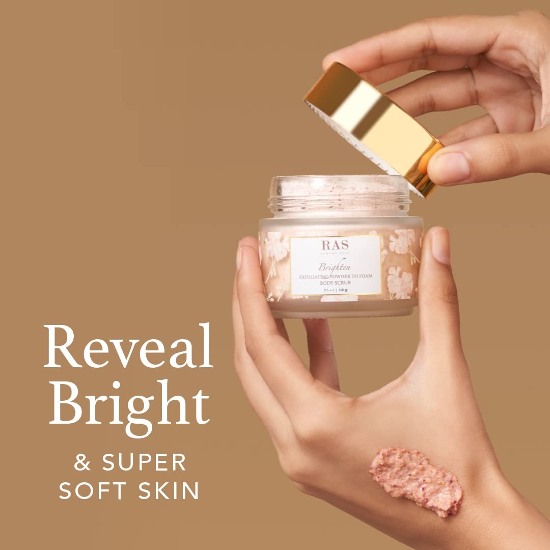 RAS Luxury Oils Brighten Exfoliating Powder to Foam Body Scrub | Tan Removing & Gentle Exfoliation | Orange, Himalayan Rose & Pink Pepper | For Men & Women | Vegan, Toxin & Cruelty Free | 100g