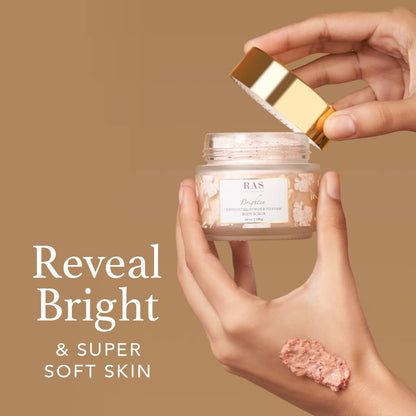 RAS Luxury Oils Brighten Exfoliating Powder to Foam Body Scrub | Tan Removing & Gentle Exfoliation | Orange, Himalayan Rose & Pink Pepper | For Men & Women | Vegan, Toxin & Cruelty Free | 100g