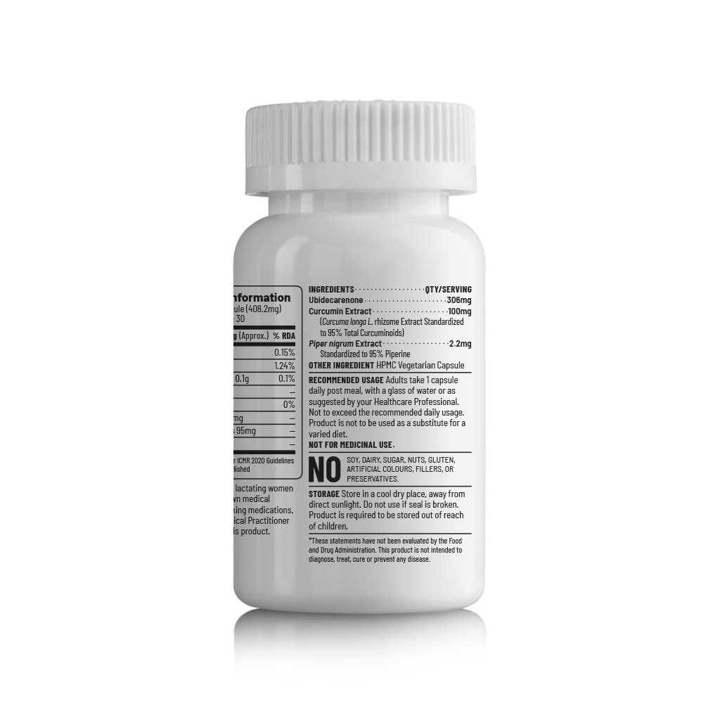 Zephivo Unived CurQ10 | High dose blend of 300mg CoQ10 with 100mg Curcumin | Powerful Antioxidant for Heart Health & Overall Wellbeing | 30 Vegan Capsules
