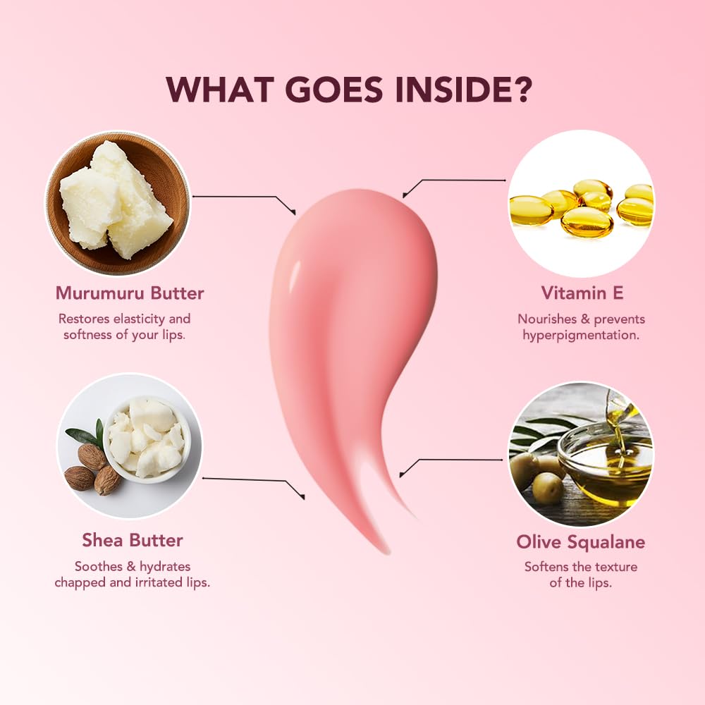 Lip balm product with ingredients listed on a pink background