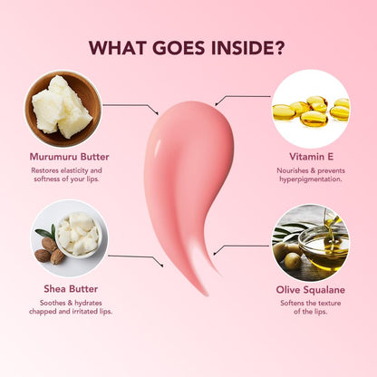 Lip balm product with ingredients listed on a pink background