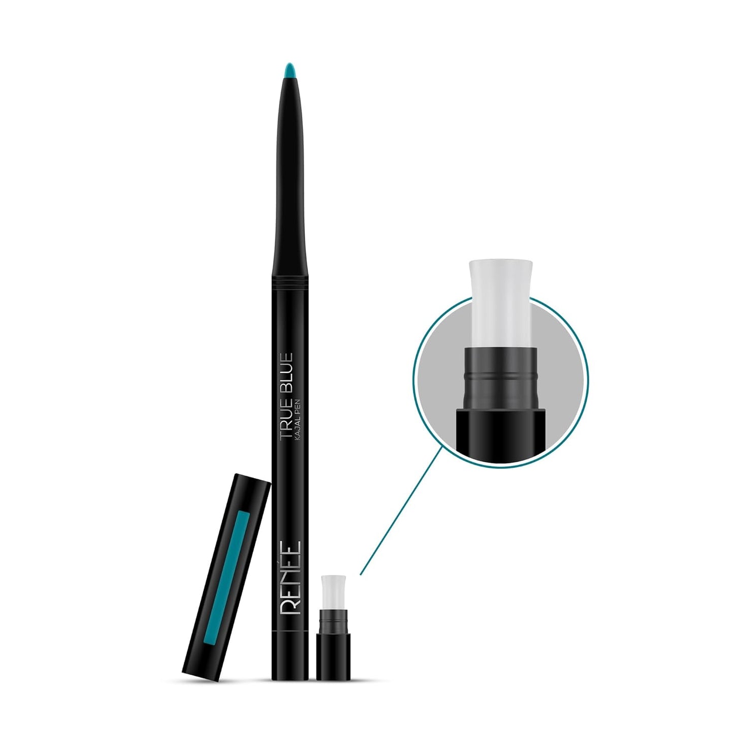 RENEE Kajal Pen with Sharpener - True Blue | 24 Hrs Stay | Long Lasting Kohl Pencil | Matte Finish | Rich Color Payoff | Smudge & Waterproof | One Swipe Application Formula | 0.35gm