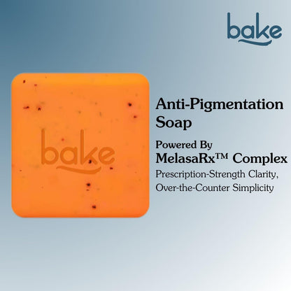 Orange soap bar with 'bake' branding on a light blue background
