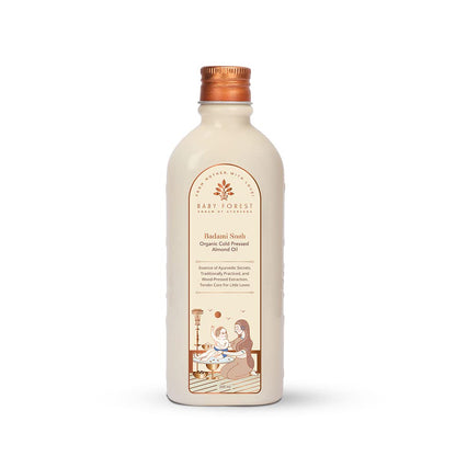 Baby forest bottle of organic, cold pressed oil on a white background
