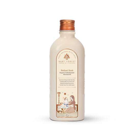Baby forest bottle of organic, cold pressed oil on a white background