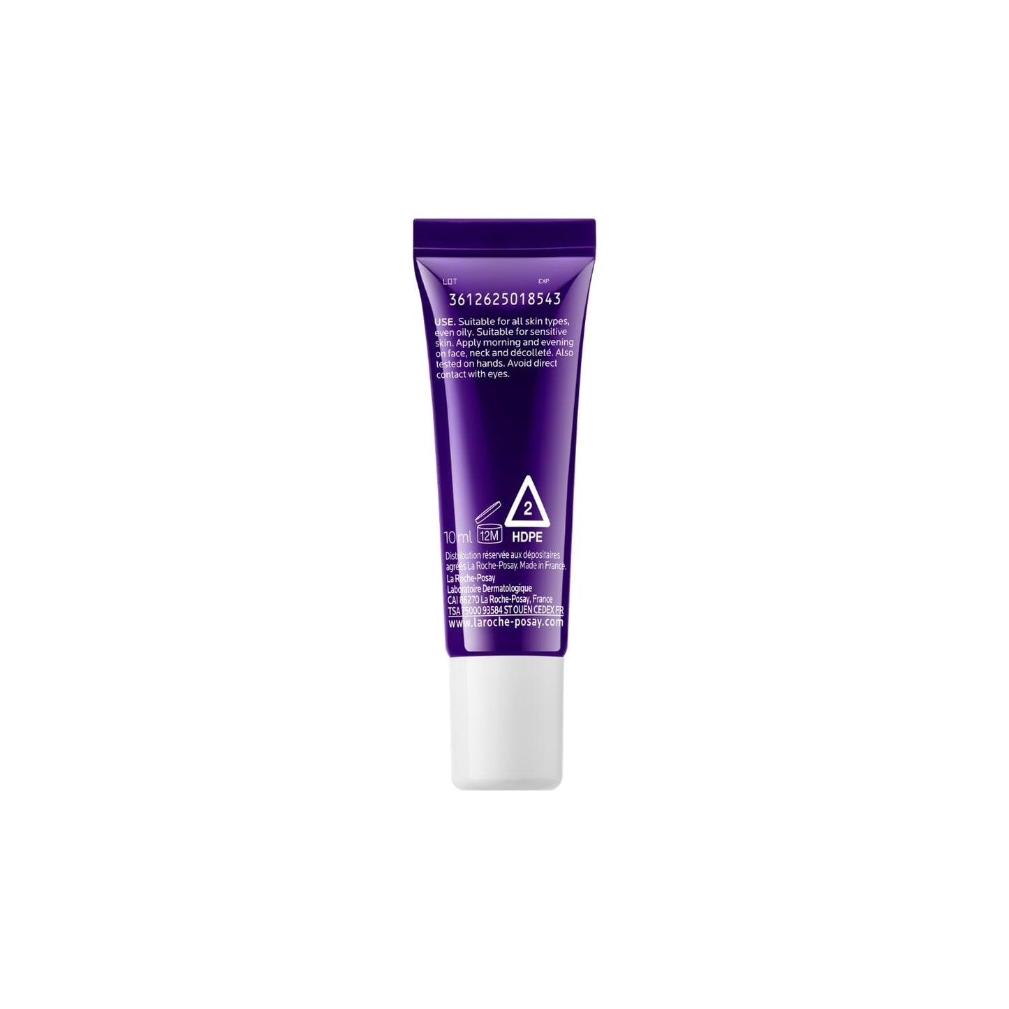 Purple skincare tube with text on a white background