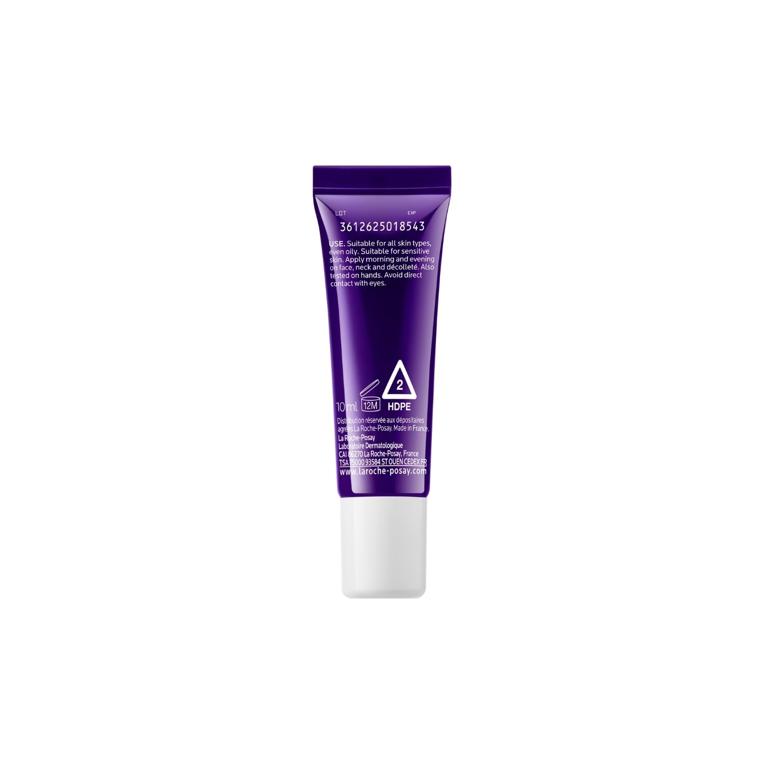 Purple skincare tube with text on a white background