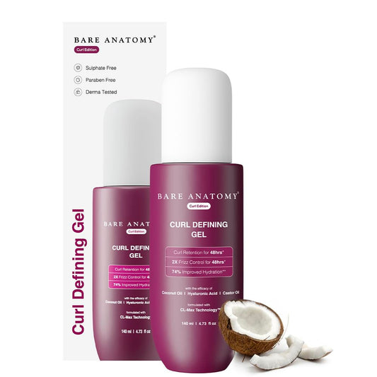 Bare Anatomy Curl Defining Gel bottles with a coconut and coconuts on a white background