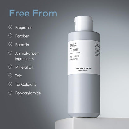 PHA Toner bottle with 'Free From' certifications on a gray background