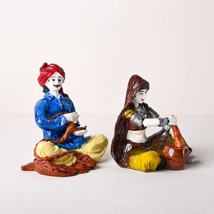 Decorative Rajasthani Village Couple Showpiece Figurine Idol Set for Living Room, Bedroom, Table Desk, Office/Home Decoration