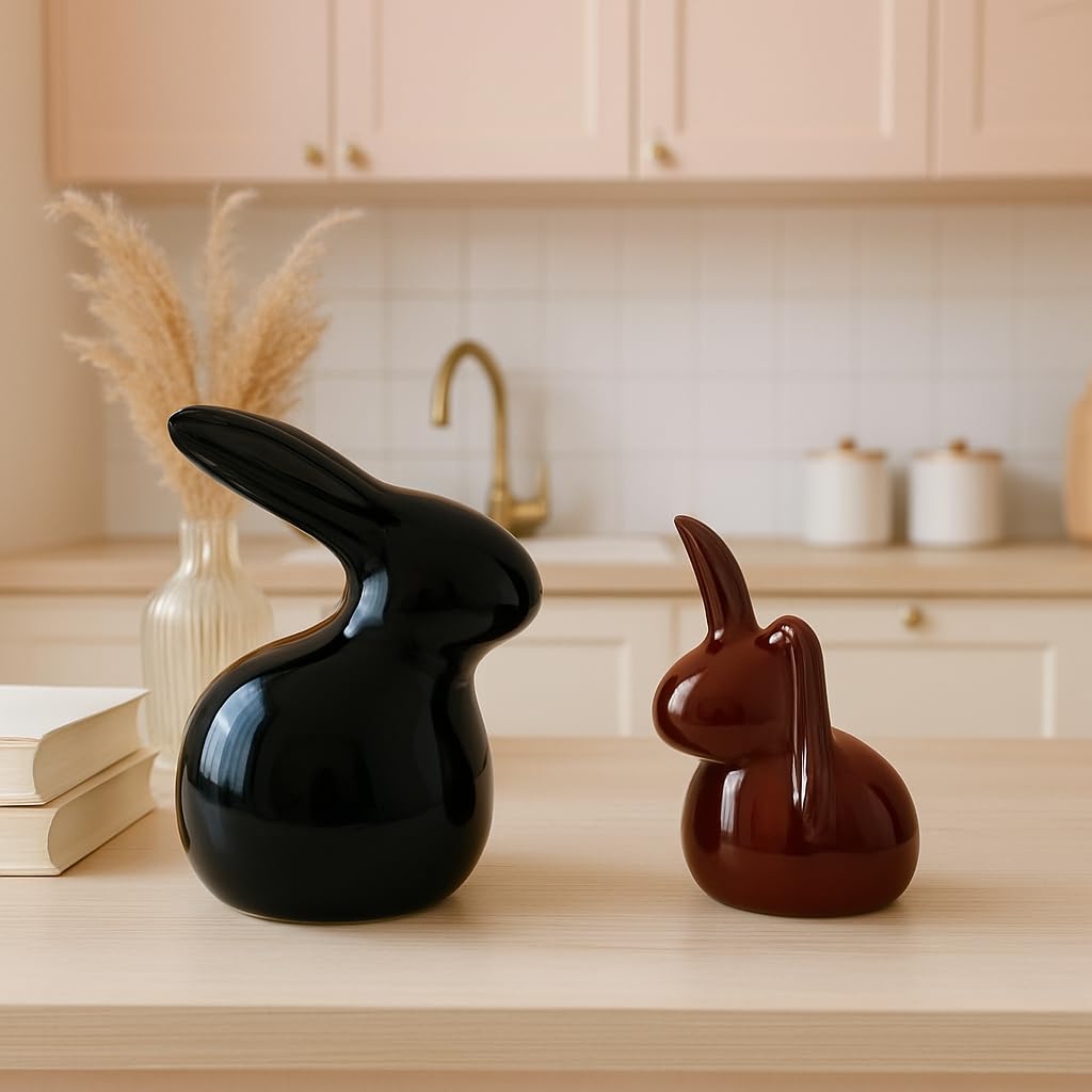 Home Décor Ceramic Rabbit Figurines (Set of 2, Black and Brown)