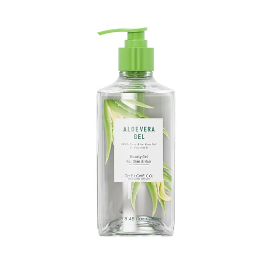 Clear bottle of Aloe Vera Gel with green pump and label on a white background