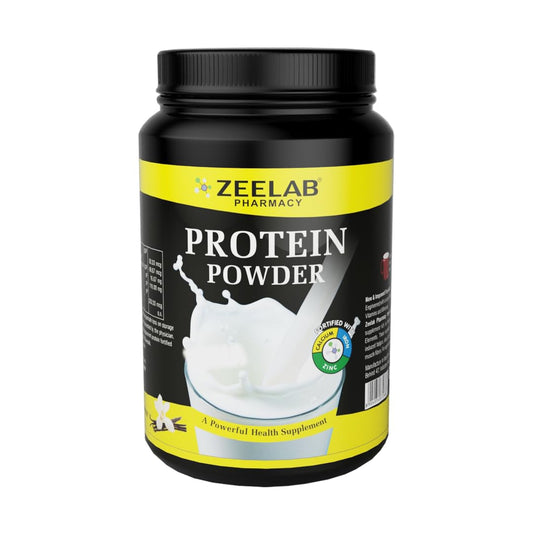 Zeelab Pharmacy protein powder container on a white background