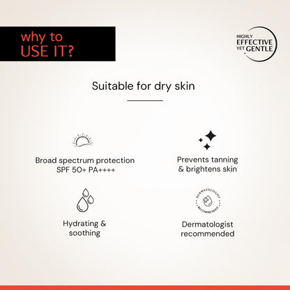 Product description card for dry skin care with icons and text on a white background