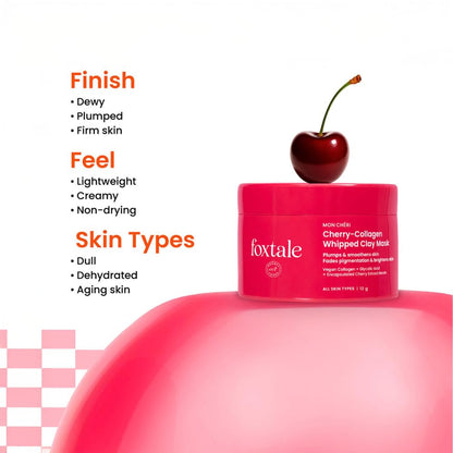 Foxtale Cherry-Collagen Whipped Clay Mask | Vegan Collagen + Glycolic Acid + PHA + Cherry Beads | Hydrates, Plumps & Firms Skin | Detoxifies Pores, Brightens & Smooths Dull, Uneven Skin | 12g