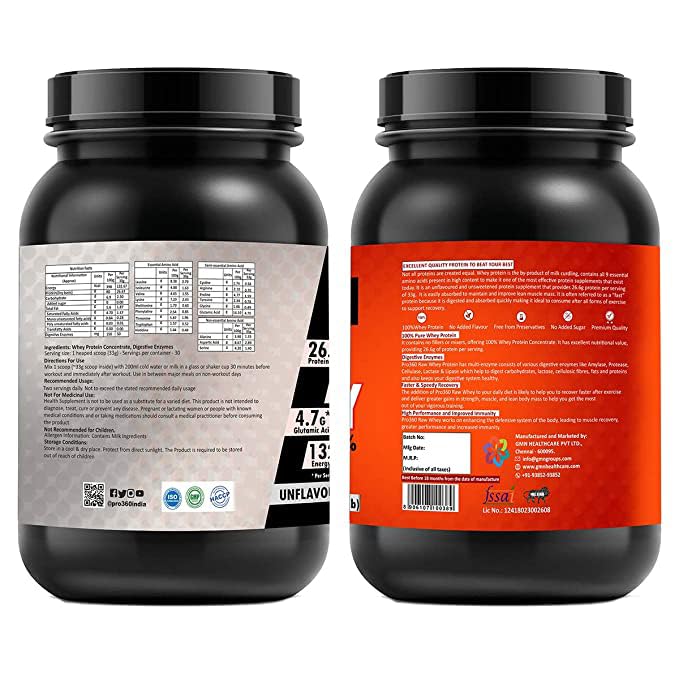 Pro360 Raw Whey Protein 100% Whey with Digestive Enzymes, 26.6g Protein, 5.97g BCAA, 4.7g Glutamic Acid per Serving) - No Added Sugar, No Fillers - Unflavored (1kg pack)