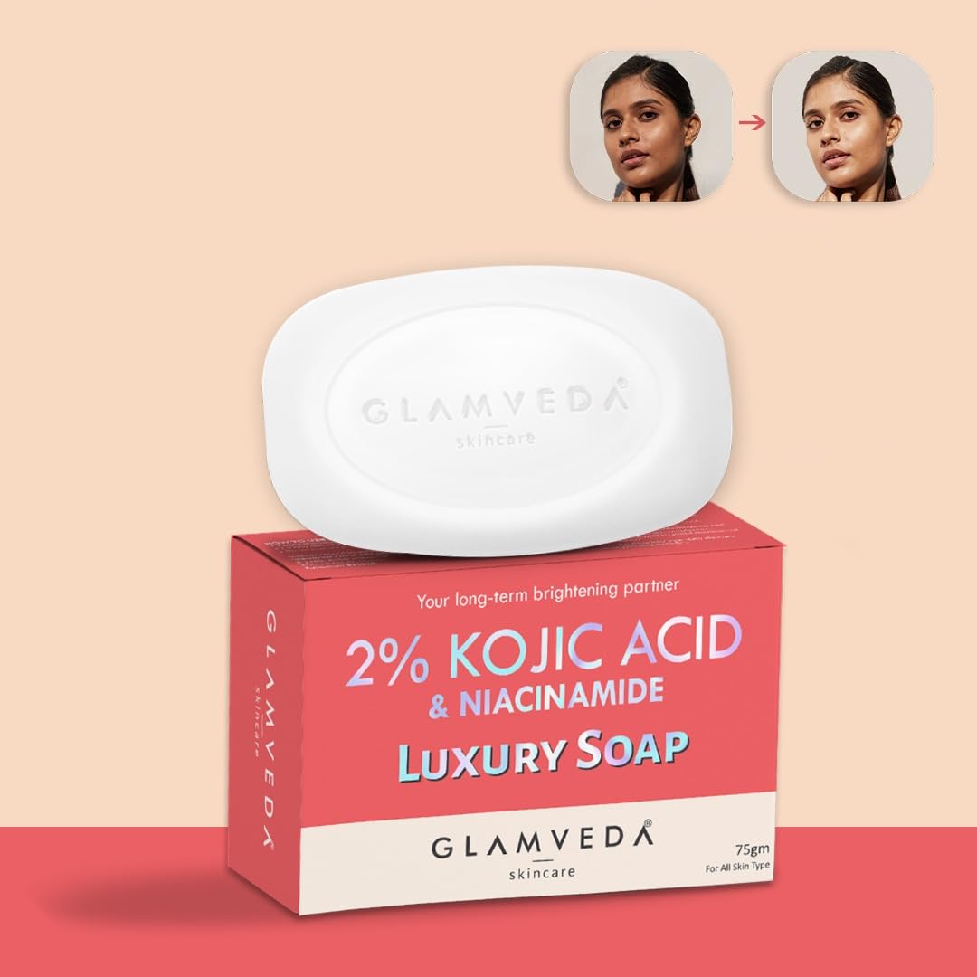Glamveda 2% Kojic Acid & Niacinamide Luxury Soap with packaging on a beige background