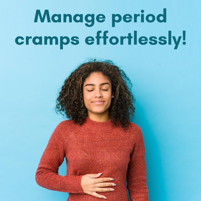 Woman holding her stomach with text 'Manage period cramps effortlessly!' on a blue background