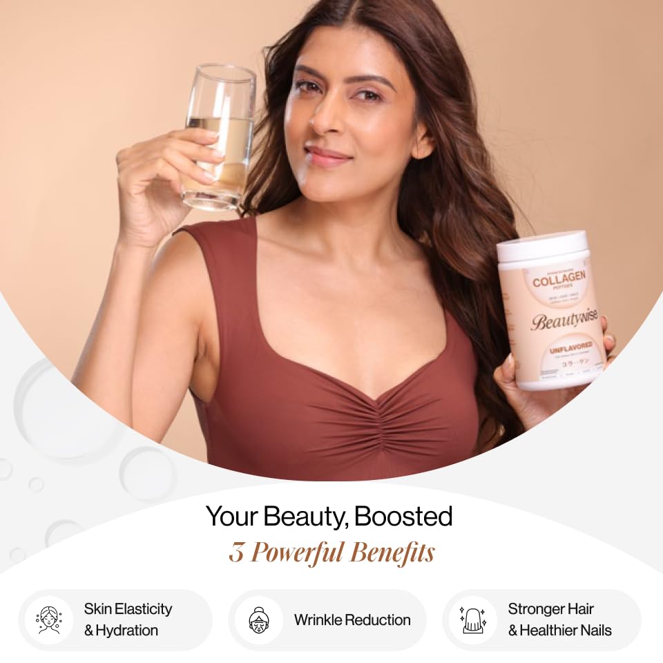 Woman holding a glass of water and a container labeled 'Collagen Beauty' with text about product benefits.