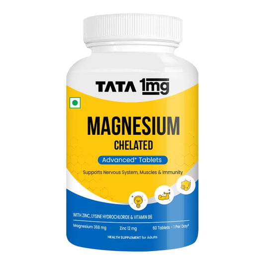 TATA 1MG Chelated Magnesium Plus Tablets with Zinc & Vitamin B6-60 Tablets | High Absorption Magnesium Supplement for Women & Men | Supports Nervous System, Muscle Recovery & Immunity