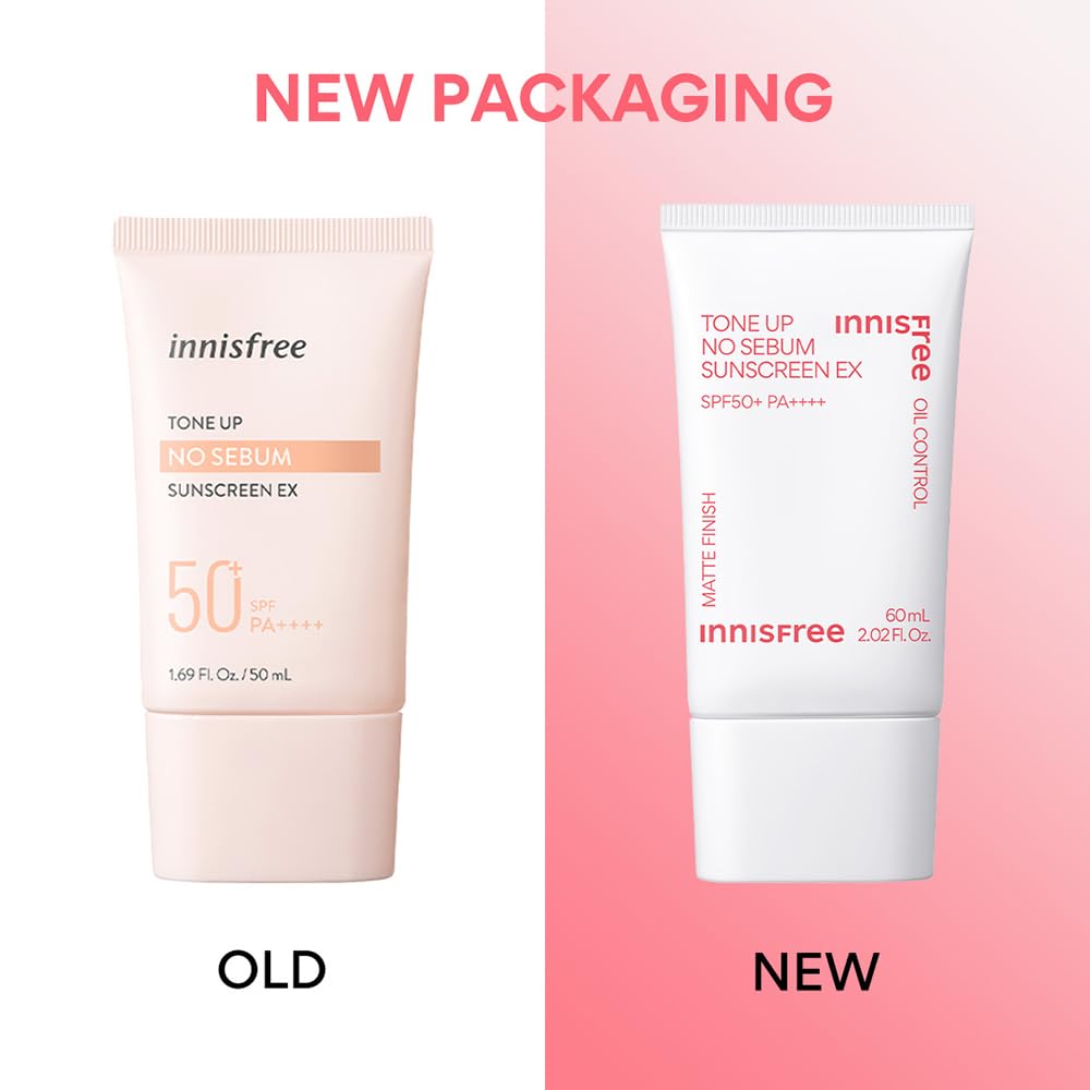Comparison of Innisfree sunscreen with old and new packaging on a pink background