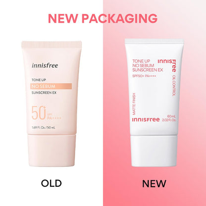 Comparison of Innisfree sunscreen with old and new packaging on a pink background