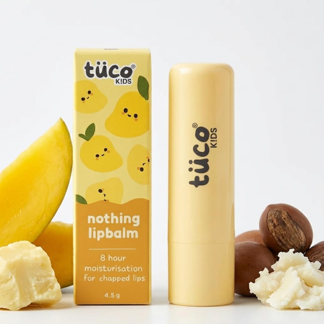Tüsco Kids lip balm packaging with a yellow background