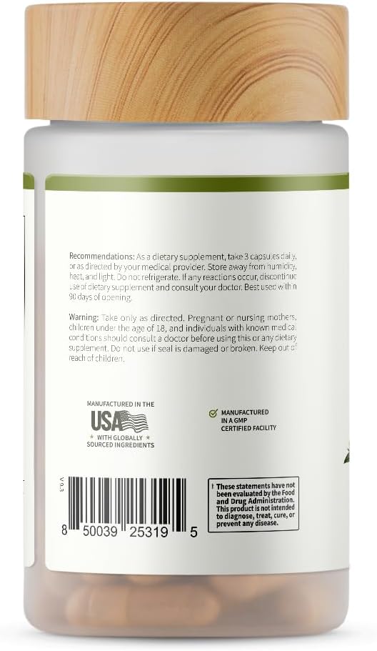 Supplement bottle with wooden cap and label on a white background