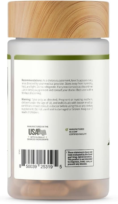 Supplement bottle with wooden cap and label on a white background