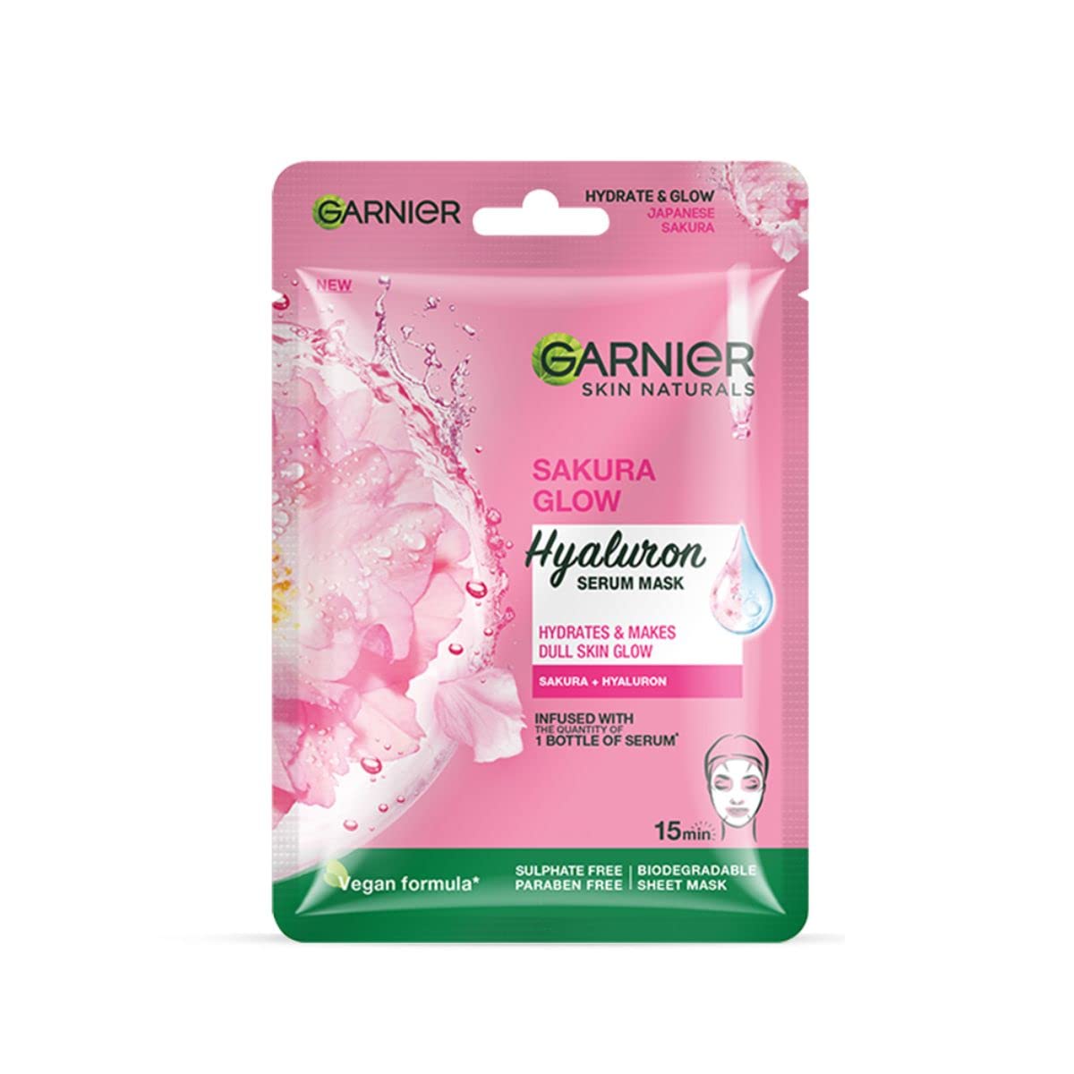 Garnier Sakura Glow Hyaluron Serum Mask packaging on a white background
