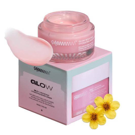 Pink skincare product jar with packaging and yellow flowers on a white background