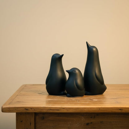 Ceramic Penguin Family Figurine - Set of 3 | Black Penguin Figurines for Home Decor | Modern Nordic Tabletop Accent for Living Room, Bedroom, Office Desk & Shelves | Gift for Housewarming