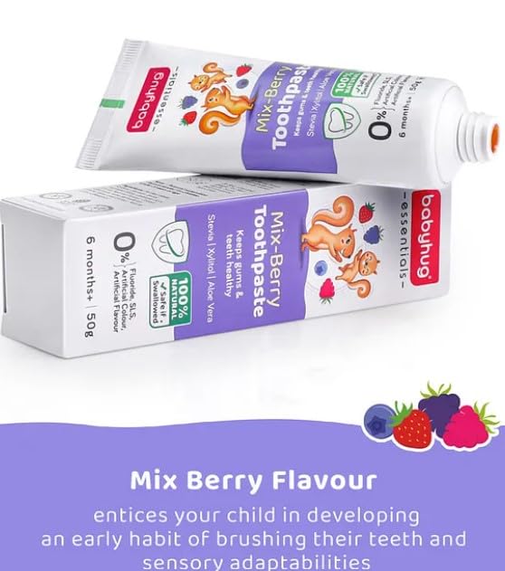 Babyhug Mixberry Flavoured Toothpaste for Ages 6 Months+ |100% Natural Ingredients Fluoride Free No SLS/SLES - 50 g