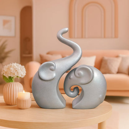 Muted Metallic Matte Silver Home Decor Elephant Couple Ceramic Figurines | Launched for the First time in India - (Set of 2, Silver)