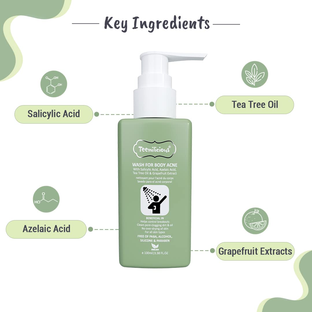 Teenilicious Body Acne Wash with 1% ww Salicylic Acid & Tea Tree Oil | Reduces Acne Breakouts, Acne Scars | Chemical & Paraben Free | for All Skin Types for Women & Men - 100ml