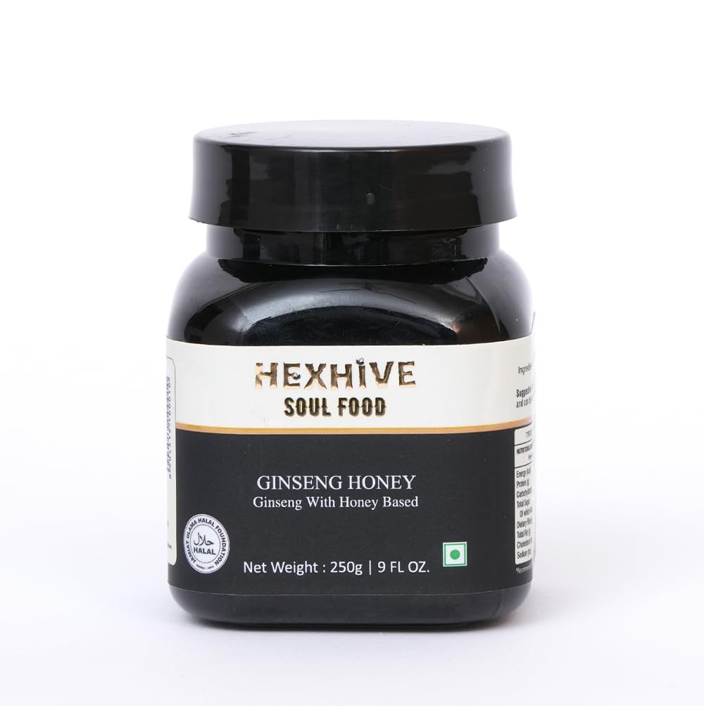 Jar of Hexhive Ginseng Honey on a white background