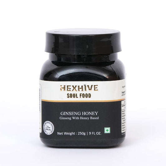 Jar of Hexhive Ginseng Honey on a white background