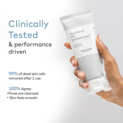 Hand holding a skincare product with text about clinical testing and performance benefits on a white background