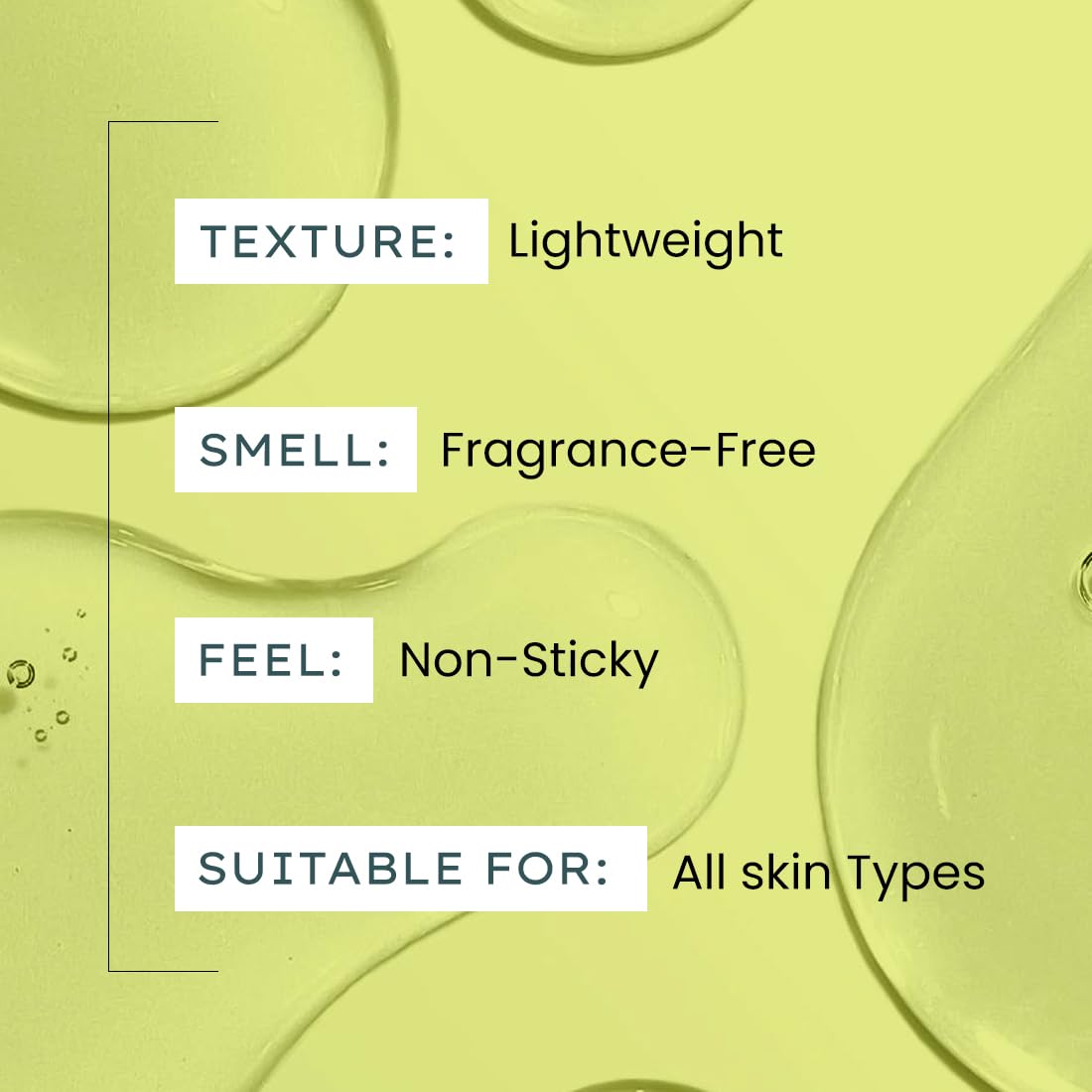 Text on a green background describing product features like texture, smell, feel, and suitability for all skin types.